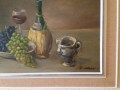 Bodegon con frutos, puchero, botellon de vino Qiantti, bocalino 